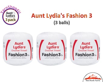 WHITE Fashion 3 Size Aunt Lydia Crochet Thread. One 3 Pack of Aunt Lydia's Fashion 3 Crochet Thread. 3 balls/150yds each. Item #182.0201