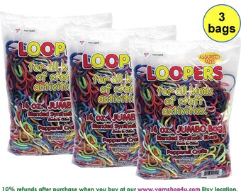 3 Bags! LOOPERS in ASSORTED Sizes & Colors. For crafts not intended for professional use. 16 oz Bags. Synthetic Blend.