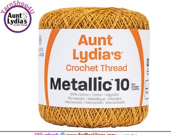 GOLD / GOLD Aunt Lydia's® Cotton Metallic Crochet Thread. 100 yards. Size 10 Lace. 88% Cotton and 12 percent Metallic. 154M-0090G