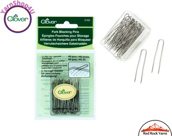 40 Stainless Steel Fork Blocking Pins. U-shape pins in a Reusable clear acrylic box. For Wet and Steam blocking. Clover #3163