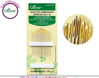 Gold Eye Embroidery Needles (No. 3-9). Includes 16 sizes from 3 to 9. Extra large eyes needles for cotton and ribbon embroidery. Clover #235