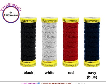 GUTERMANN ELASTIC Sewing Thread Black, White, Red. or Navy (dark blue). 11 yards ea spool. 64% polyester / 36 polyurethane. Pick your color!