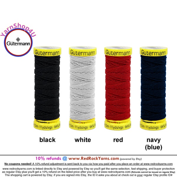 GUTERMANN ELASTIC Sewing Thread Black, White, Red. or Navy (dark blue). 11 yards ea spool. 64% polyester / 36 polyurethane. Pick your color!