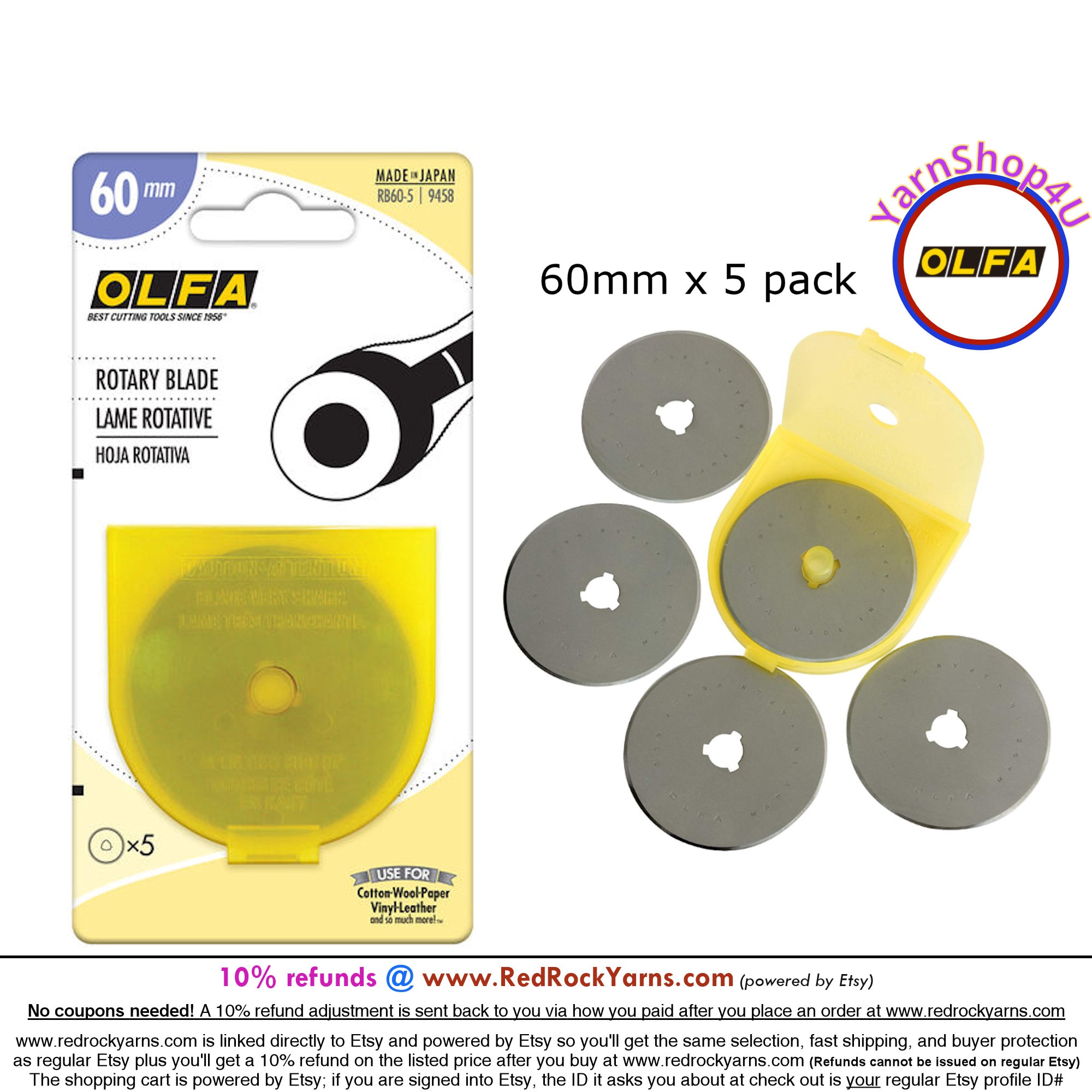 5 pack! 60mm OLFA® Rotary Blades. Olfa® Brand Rotary Cutting Blade.  Tungsten Steel. Premium Quality, and Sharp Edge. 5 Blades/pkg. #RB60-5