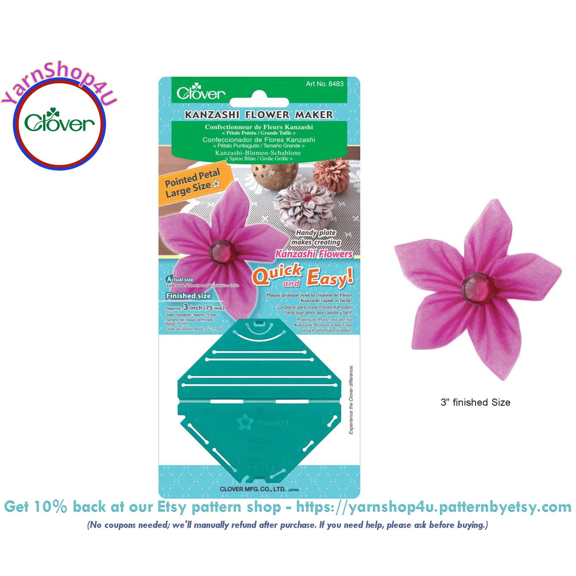 KANZASHI for LARGE POINTED Gathered Petal Flowers of 3 Size. Clover Kanzashi  Flower Maker. Plastic Template to make fabric flowers. #8483