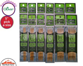 5" Bamboo DPNs. Clover Takumi Double Point Knitting Needles. 5 inches long. 5 needles per package. Sizes 0 to 10.5 [Article #3014]