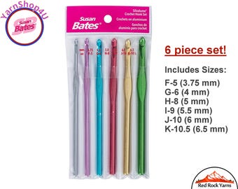 6pc Sizes F-K. Susan Bates Crochet Hook Set in a Vinyl carry pouch (Size F, Size G, Size H, SIze I, Size J, Size K) 5.5" Silvalume. #12196