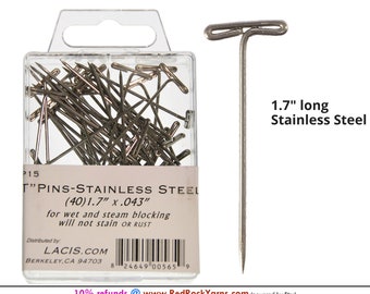 40 count 1.7" Stainless Steel T Pins. for Wet or Steam Blocking; they will not stain or rust. USA. LACIS #UP15