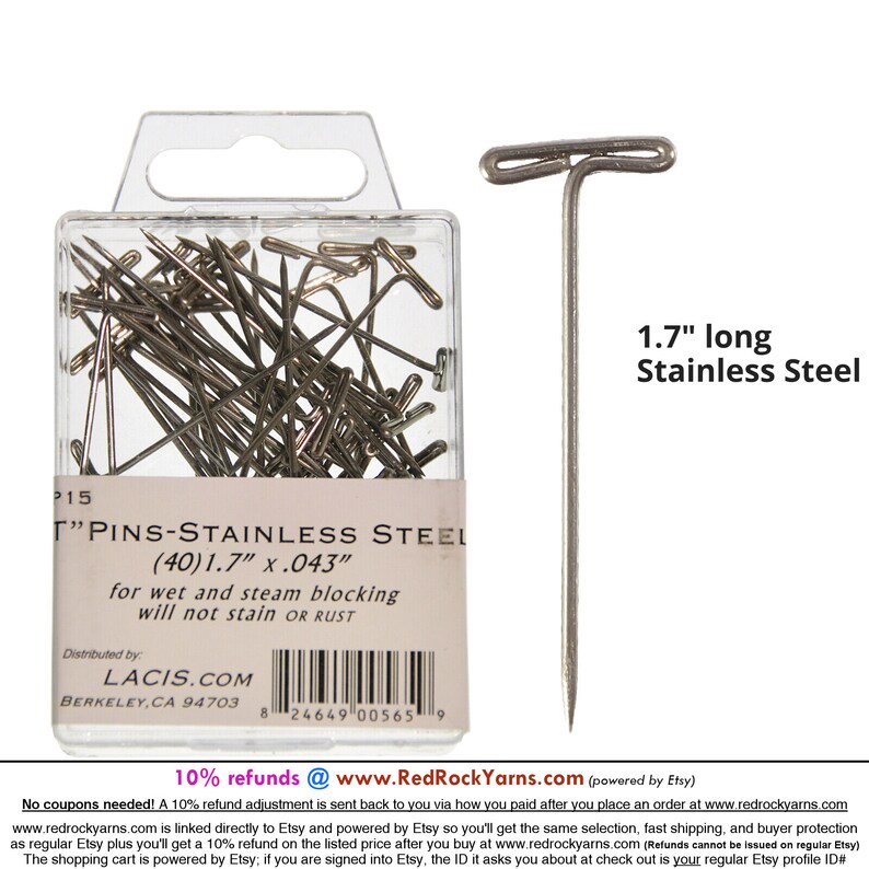 40 count 1.7 Stainless Steel T Pins. for Wet or Steam Blocking they will not stain or rust. USA. LACIS UP15 image 1