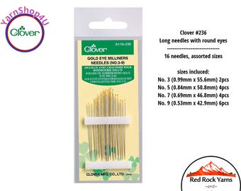 Gold Eye Milliners Needles. 16 hand sewing needlse. (Sizes 3-9) No 3, No 5, No7, No 9. Long needles w/ round eyes. Clover #236