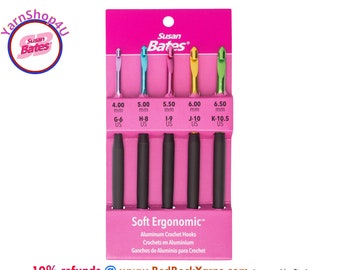 G to K 5pc Soft Ergonomic crochet hooks. G-K Susan Bates Silvalume 6.25" with an aluminum in-line head and round soft handles. #12696