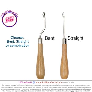 Latch Hook Bent or Straight + Get 1 or 2! The Susan Bates Latch Rug Hook is 6.25&quot; long and has a round wood handle. #12919 and #12920