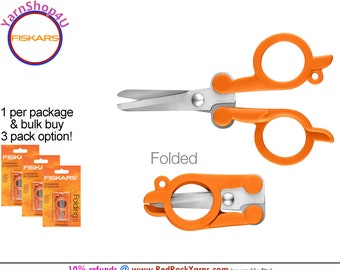 FISKARS Folding Travel Scissors. (option: 1 pair or 3) Folds down to 2-1/2" long. TSA compliant. Long lasting Sharp Stainless Steel edge.