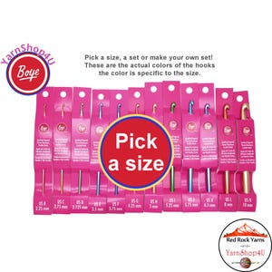 Boye Crochet Hooks. PICK A SIZE or Make a SET! Aluminum Crochet Hooks in all the aluminum sizes. Sizes B, C, D, E, F, G, H, I, J, K, L, N