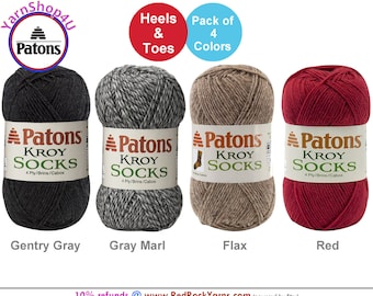 HEELS & TOES! 4 Pack of - Patons Kroy Socks yarn in 4 colors: Gentry Gray, Gray Marl, Flax, and Red. 1.75oz and 166yds each. Bulk Buy.