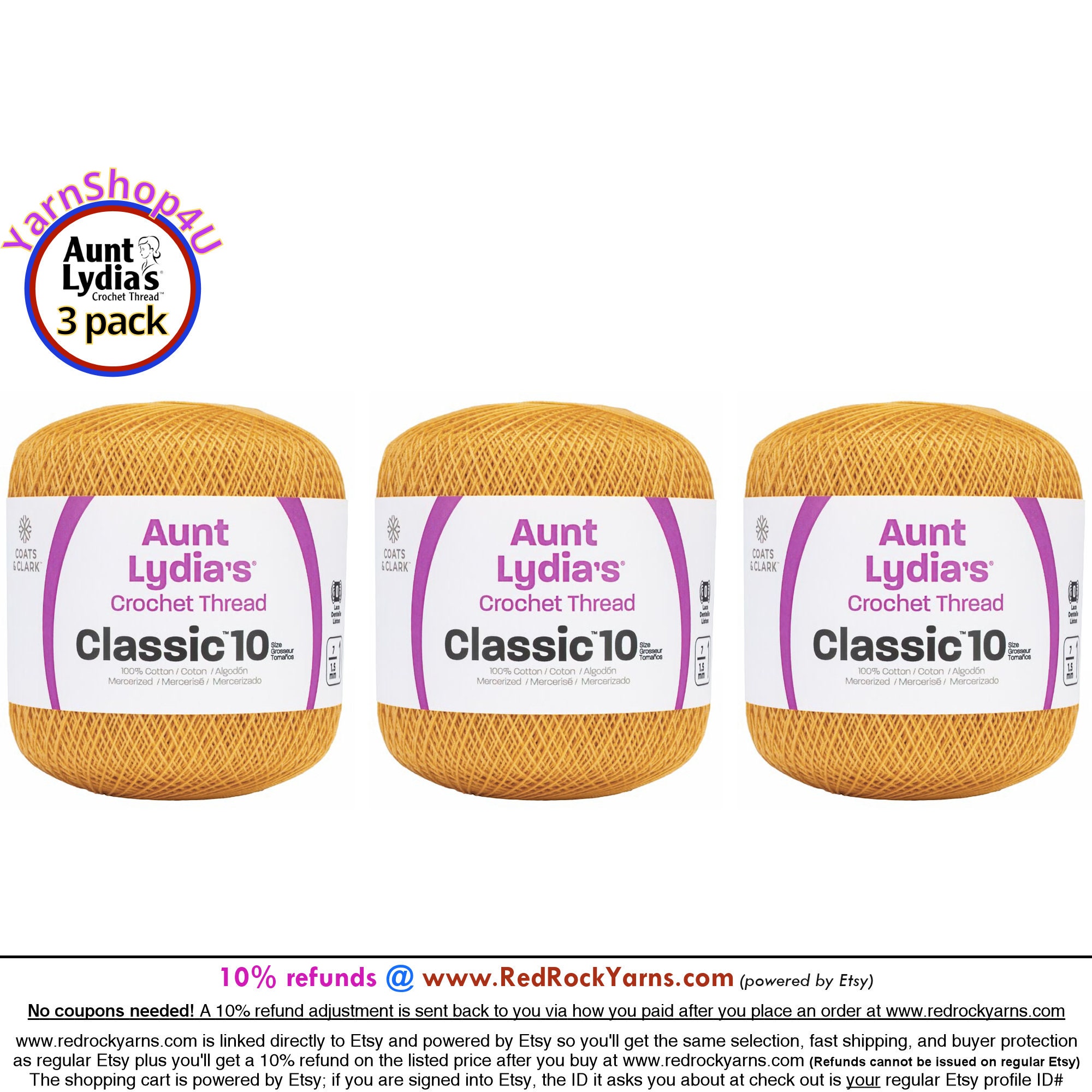 Aunt Lydia's Crochet Thread - Size 10 - Golden Yellow (2-Pack)