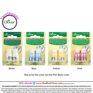 Clover REFILL for Chaco Liner. 2 bottles per package .098 oz of chalk powder. Available in White, Blue, Yellow and Pink. Clover #470/W/B/Y/P