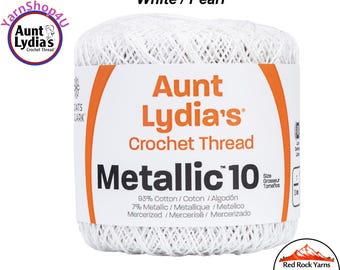 WHITE / PEARL Aunt Lydia's® Cotton Metallic Crochet Thread. 100 yards. Size 10 Lace. 88% Cotton and 12 percent Metallic. 154M-0001P