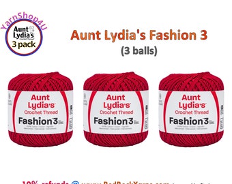 SCARLET Fashion 3 Size Aunt Lydia Crochet Thread. One 3 Pack of Aunt Lydia's Fashion 3 Crochet Thread. 3 balls/150yds each. Item #182.0006