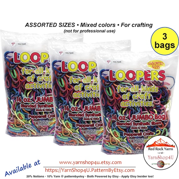 3 Bags! LOOPERS in ASSORTED Sizes & Colors. For crafts not intended for professional use. 16 oz Bags. Synthetic Blend.