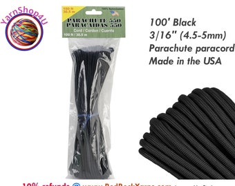 CLEARANCE! 100' Black 550 Paracord. Soft nylon parachute cord is good for crafts (not for climbing) Pepperell. USA MADE- PARA10024