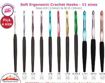 Susan Bates Silvalume Soft Ergonomic Crochet Hooks with Cushioned Grip. Item #12606. Available in E, F, G, 7, H, I, J, K, L, M, N (3.5-10mm)