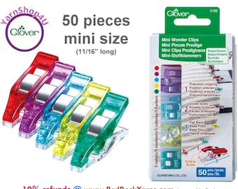 Mini Wonder Clips 50 pcs in assorted colors. 11/16" long and open wide to 5/16" with a firm grip. Use for holding fabric layers. Clover 3189