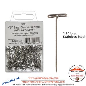 100 count 1.2" Stainless Steel T Pins For Wet or Steam Blocking; they will not stain or rust. USA. LACIS #UP14