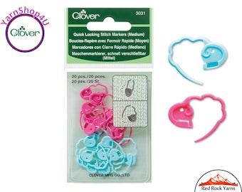 20 Medium Clover Quick Locking Stitch Markers in a reusable vinyl storage pouch. 10 Pink and 10 blue per pack. Clover #3031