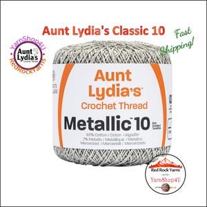 SILVER / SILVER Aunt Lydia's® Cotton Metallic Crochet Thread. 100 yards. Size 10 Lace. 88% Cotton and 12 percent Metallic. 154M-0410S