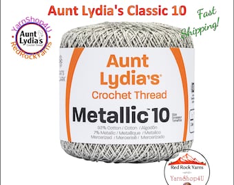 SILVER / SILVER Aunt Lydia's® Cotton Metallic Crochet Thread. 100 yards. Size 10 Lace. 88% Cotton and 12 percent Metallic. 154M-0410S