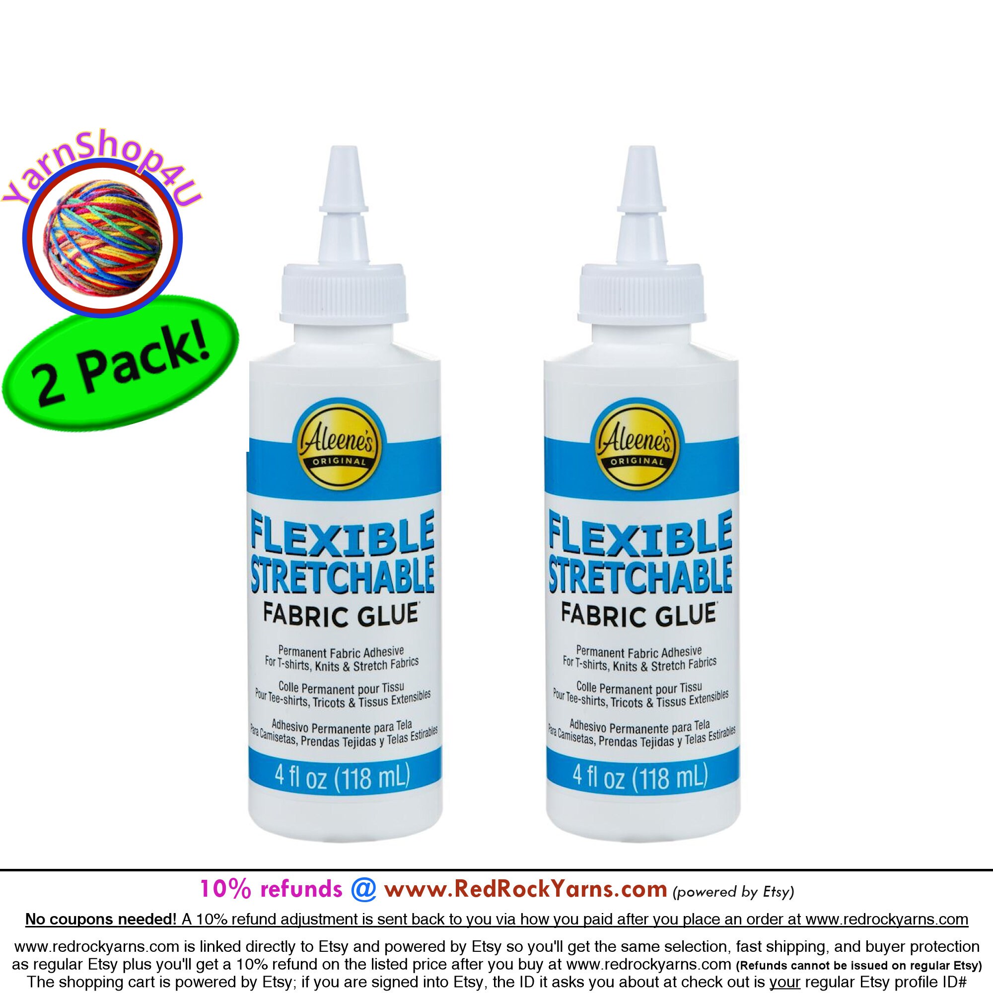 2 Pack Aleene's Flexible Stretchable Fabric Glue. 4 Ounce Bottle. Use for  T-shirt Embellishing, Embroidery Backing Glue and More, S155924 