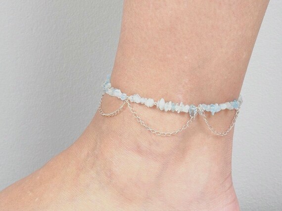 thumbnail image 2 of Aquamarine & Sterling Silver Anklet – 25cm + Ext Chain, Round Gemstones, Handmade In Australia 2 of 2