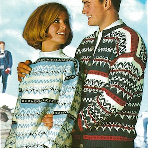 Vintage Nordic Knitting Pattern Woman&#39;s Sweater and Man&#39;s Cardigan 1974