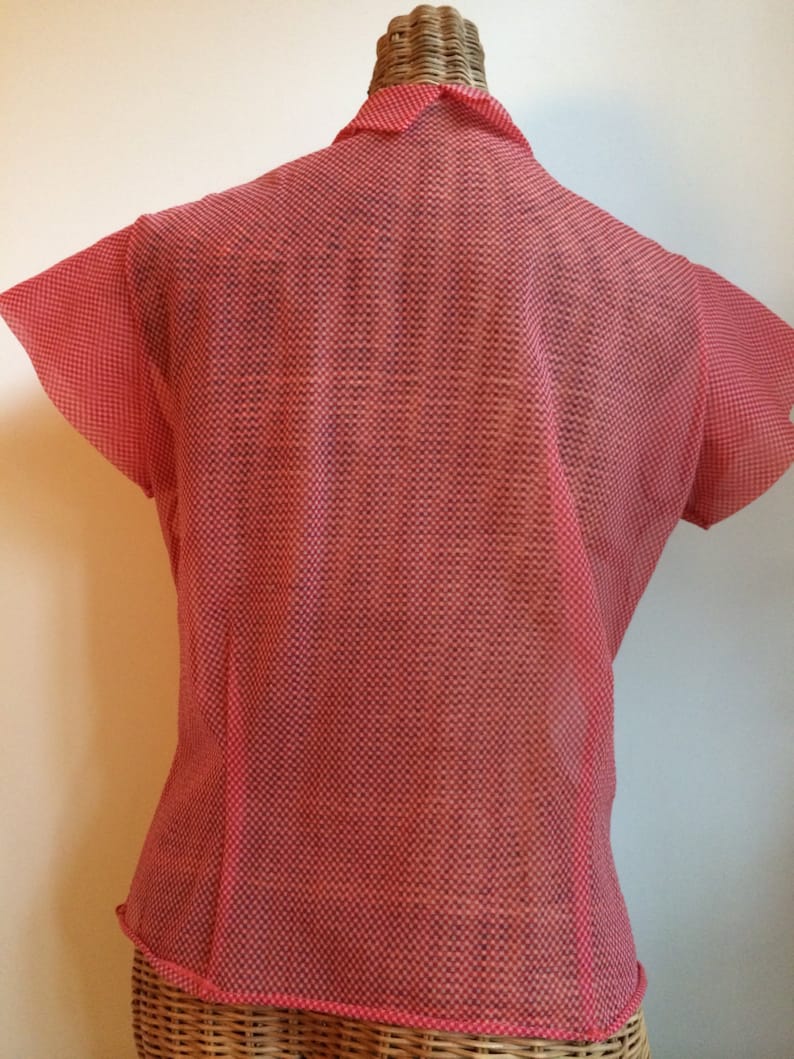 Vintage 50/'s sheer nylon tux ruffle cherry red checkered blouse