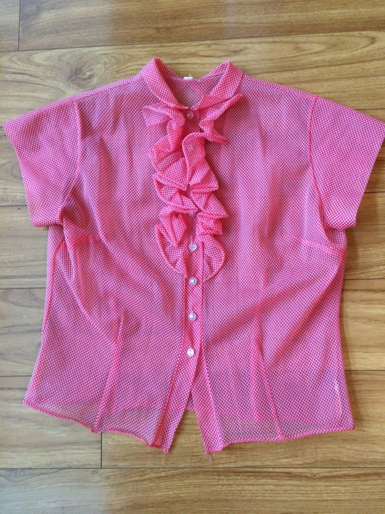 Vintage 50/'s sheer nylon tux ruffle cherry red checkered blouse