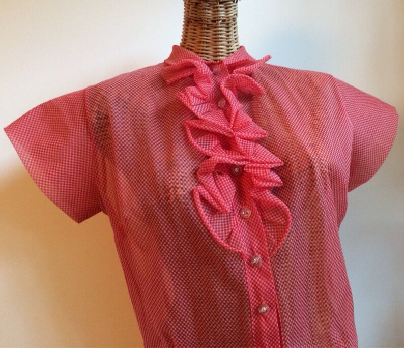 Vintage 50/'s sheer nylon tux ruffle cherry red checkered blouse