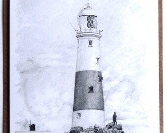 Greeting card - Portland Bill Lighthouse - landscape drawings - graphite art - original landscape print - greetings card - blank card