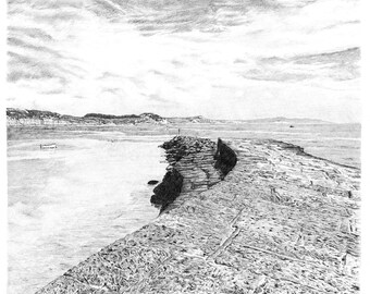 Original artwork - Lyme Regis Cobb - landscape drawings - A4 graphite art - original landscape print - realistic wall art