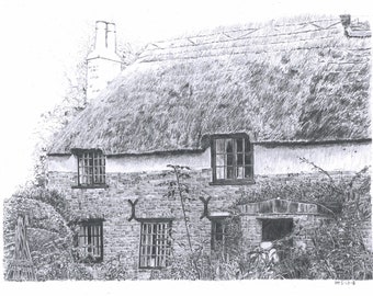 Original artwork - Thomas Hardy’s Cottage - historical drawings - A4 graphite art - original print - realistic wall art