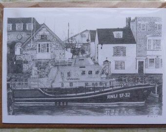 Greeting card - Weymouth’s Lifeboat - boat drawings - graphite art - original landscape print - greetings card - blank card