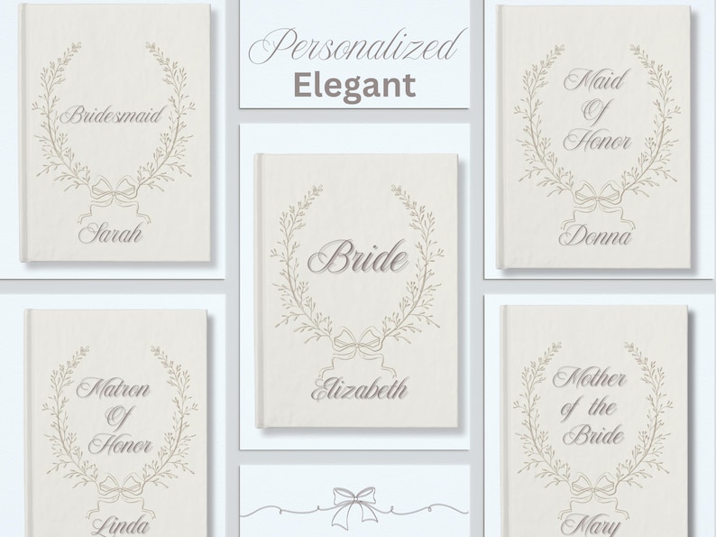 May include: A selection of personalised wedding stationery with elegant designs. Each card displays a name and title such as "Bridesmaid" or "Bride", framed by a floral wreath and bow. The overall theme is classic and sophisticated.