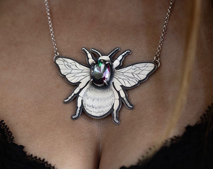 MADE TO ORDER Large sterling silver bee pendant with Mystic Quartz