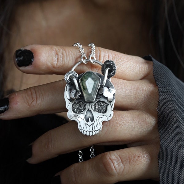 Beneath the fallen leaves skull, mushrooms and pumpkin leaves sterling silver pendant with Moss Agate