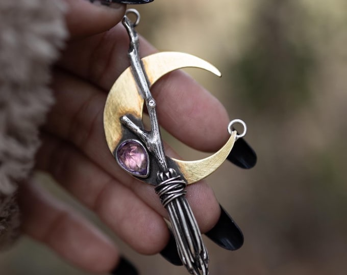 Fly me to the moon sterling silver, pure silver and brass Witch broom pendant with Amethyst
