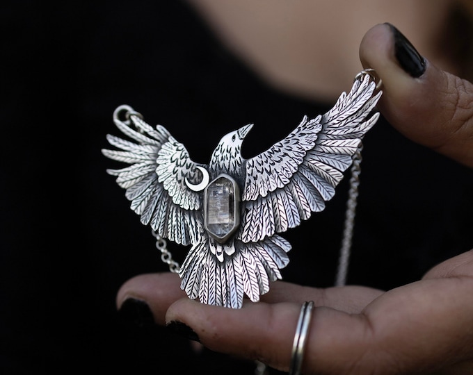 MADE TO ORDER Huginn sterling silver flying raven pendant with raw Herkimer Diamond
