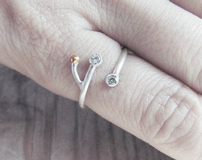 MADE TO ORDER Twig sterling silver and 18k solid old adjustable ring with Cubic Zirconia