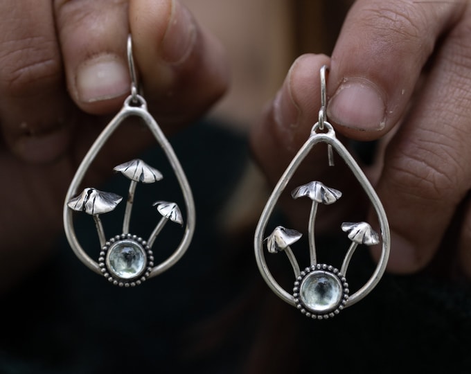 Sterling silver mushroom earrings with blue Topaz