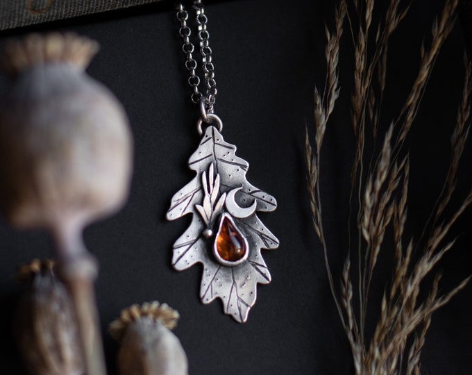 MADE TO ORDER Druid Oak with Rosemary leaf & crescent moon sterling silver pendant with Baltic Amber