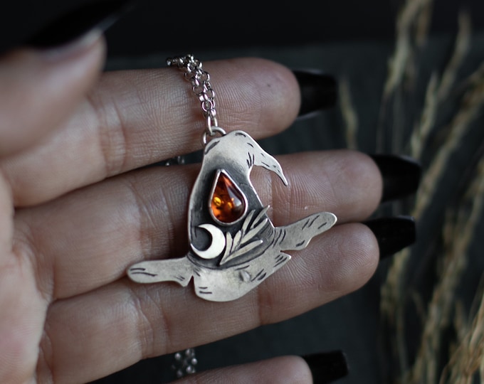 MADE TO ORDER Witch’s Hat with crescent moon and rosemary leaf sterling silver pendant with Baltic Amber